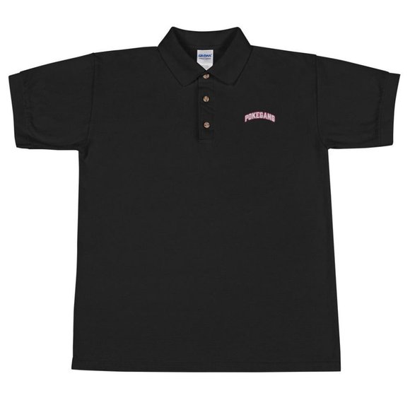 PokeGang Men's Black Short Sleeve Button Up Pink Logo Sport Polo Shirt Size S - Picture 6 of 6
